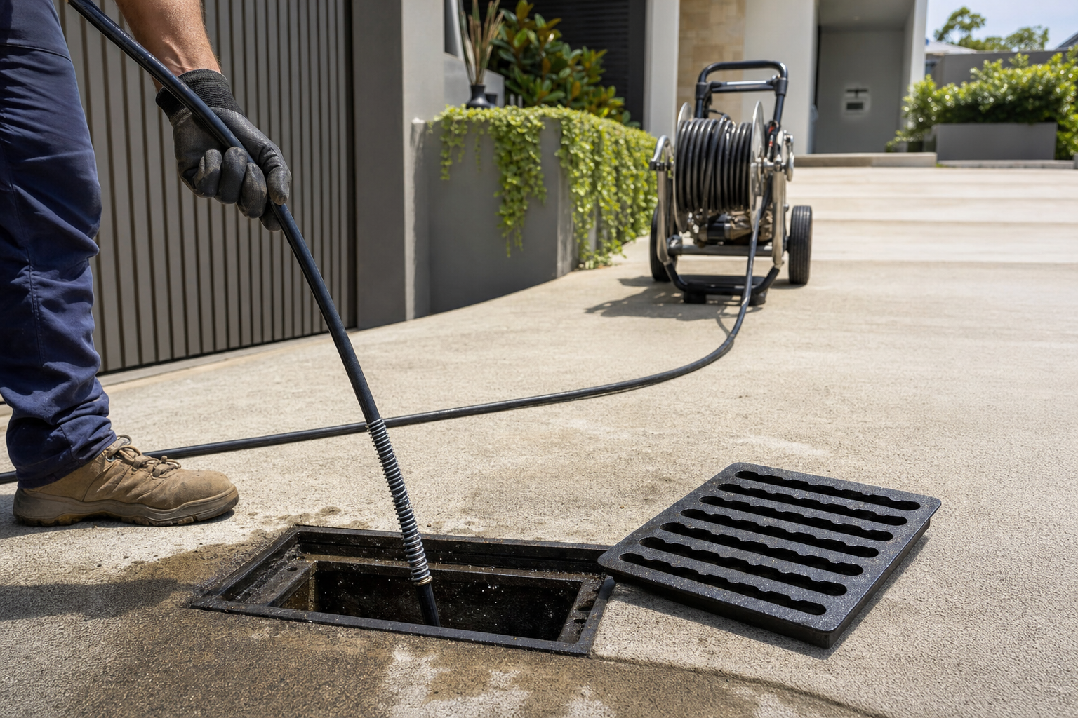 Plumber clearing blocked drain with high pressure jetter in Sydney
