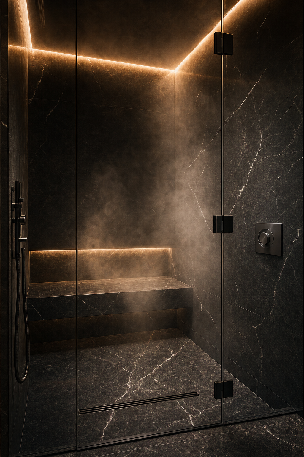 Dark marble luxury steam shower with amber LED lighting and glass enclosure