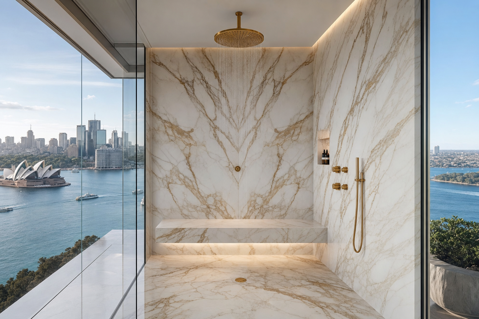 Penthouse steam shower with Calacatta marble and Sydney Harbour view, Mosman